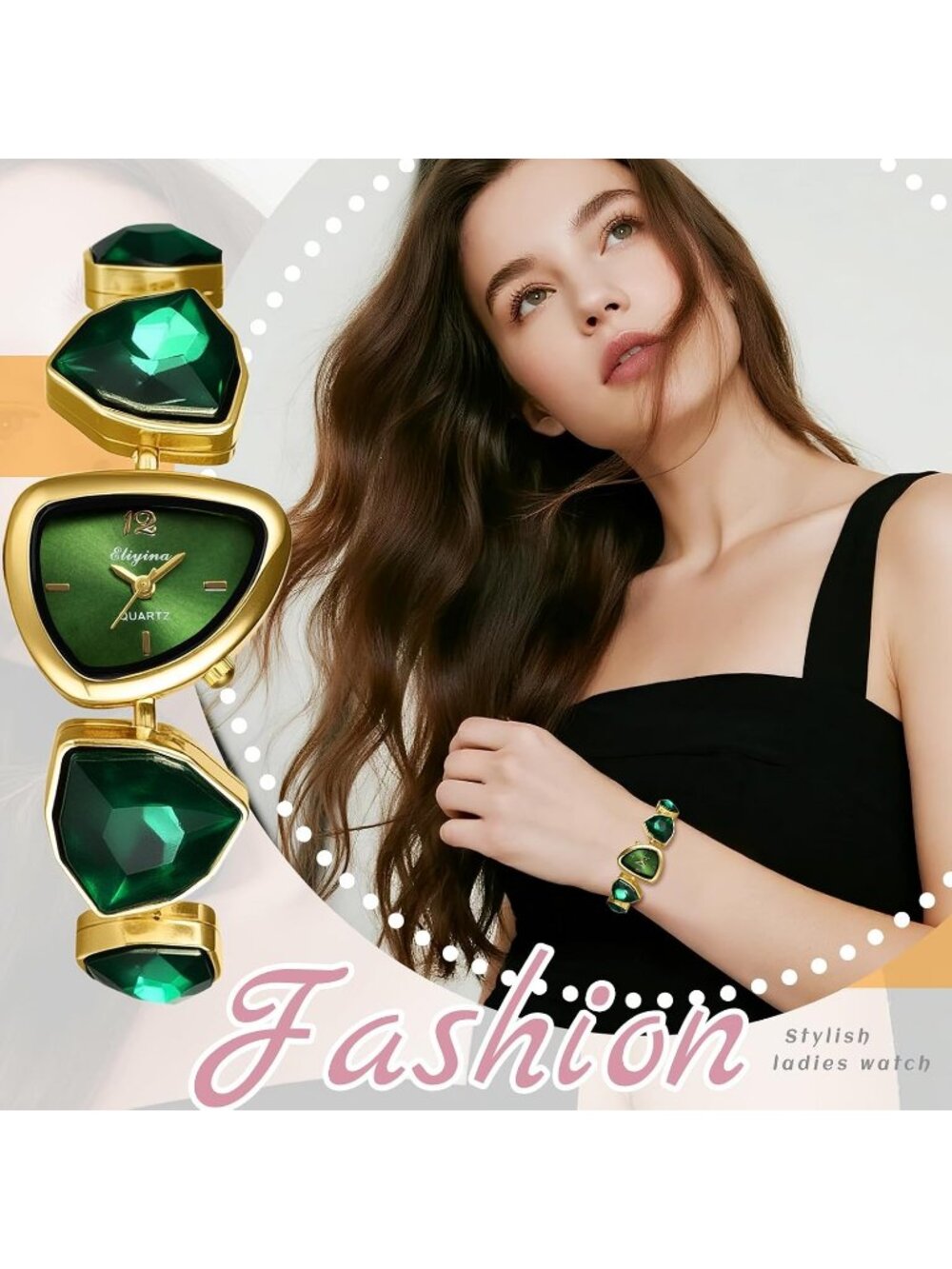 Women's Green Birthstone Bracelet Triangle Dial Quartz Diamonds Strap Watch - Picture 6 of 6